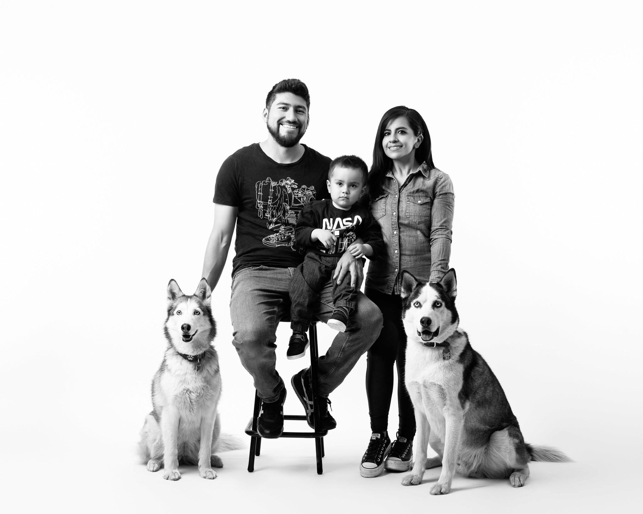 padres con su hijo y perritos durante sesión familiar en estudio fotográfico