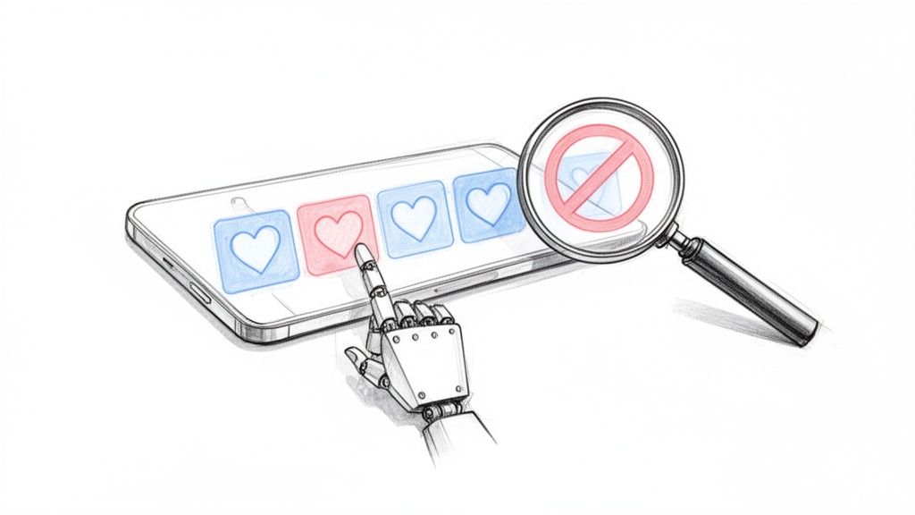 A robotic hand interacts with a smartphone, selecting a heart, while a magnifying glass with a 'no' sign observes.