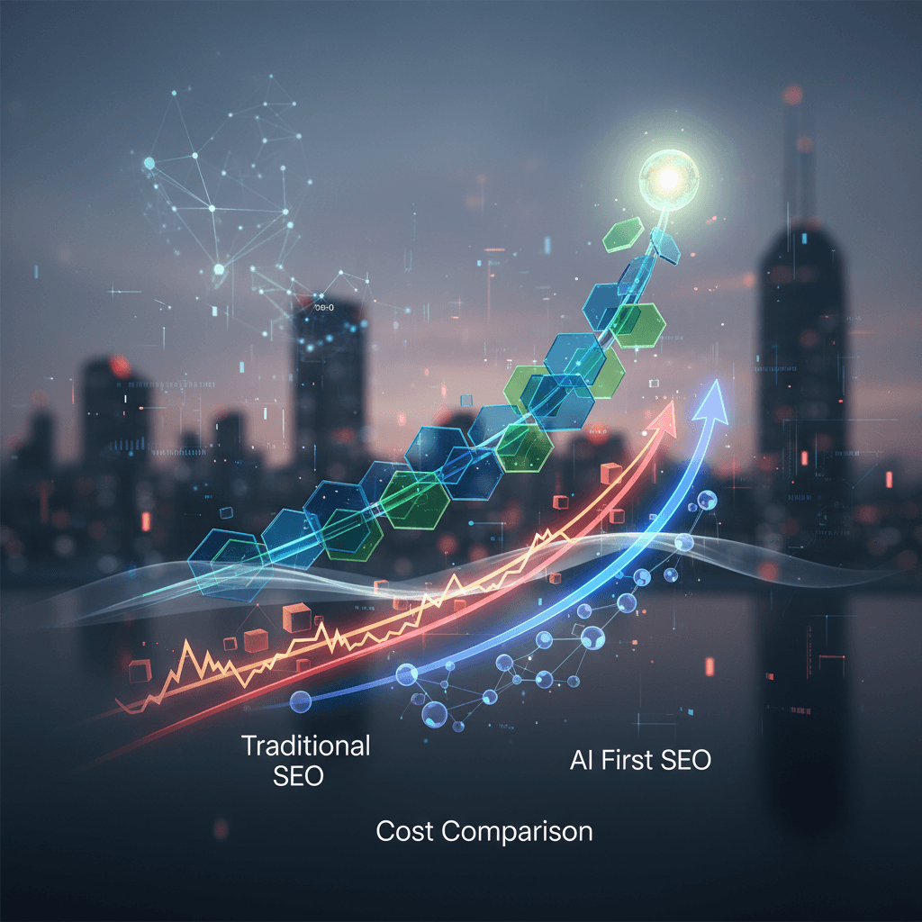 AI first SEO ROI comparison chart showing cost efficiency and visibility improvements