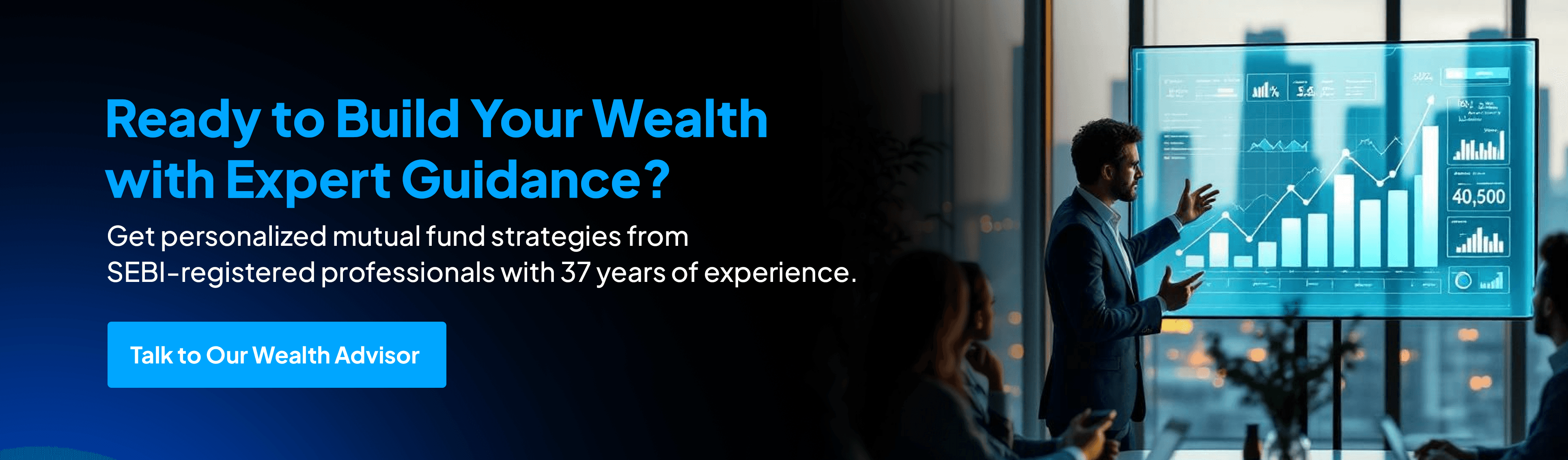 Wealth advisor explaining mutual fund performance, asset allocation, and investment strategy to investors