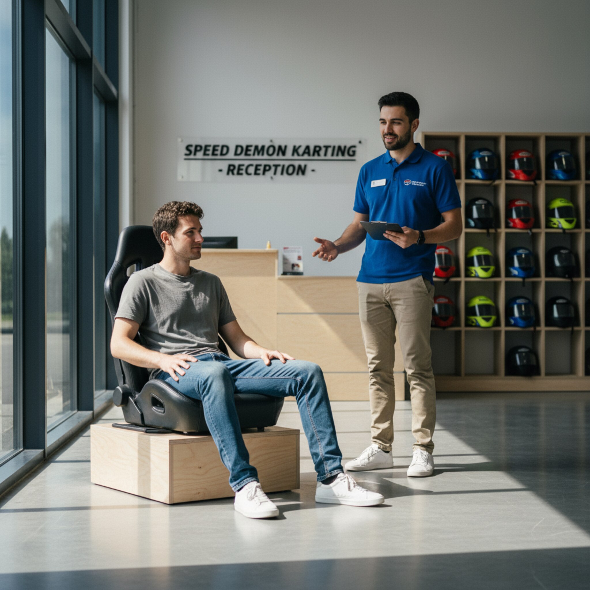 Im Empfangsbereich probiert ein Fahrer ruhig den Sitz eines Kart-Sitzmusters aus, während eine Mitarbeiterin freundlich Hinweise gibt. Sonnenlicht fällt durch große Fenster auf den polierten Boden. An einer Wand hängen geordnete Helme, die Stimmung ist erwartungsvoll und klar strukturiert.