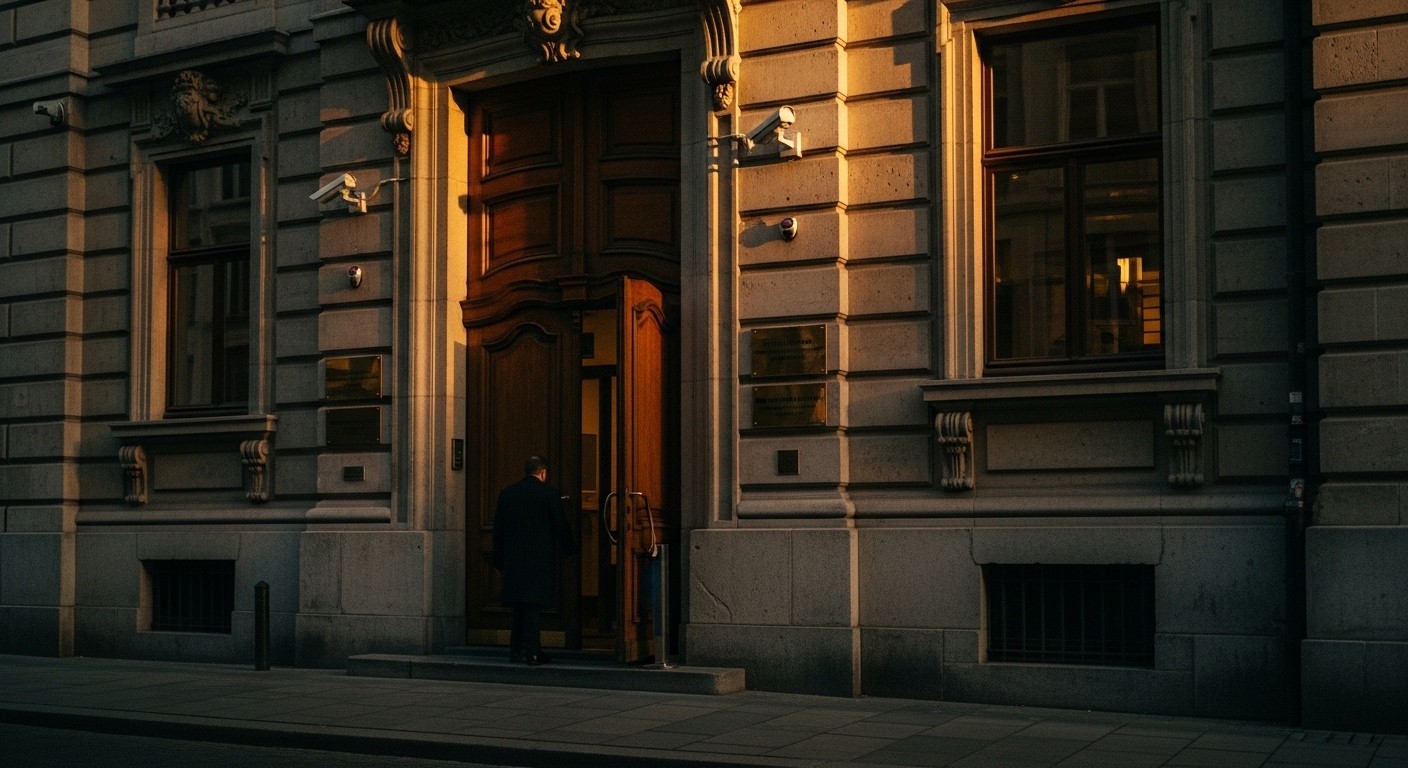 Antwerp Diamond District trading building entrance- historic European facade with security infrastructure, hub for B2B diamond price discovery and rough diamond sorting where 84% of global diamond supply is traded and certified