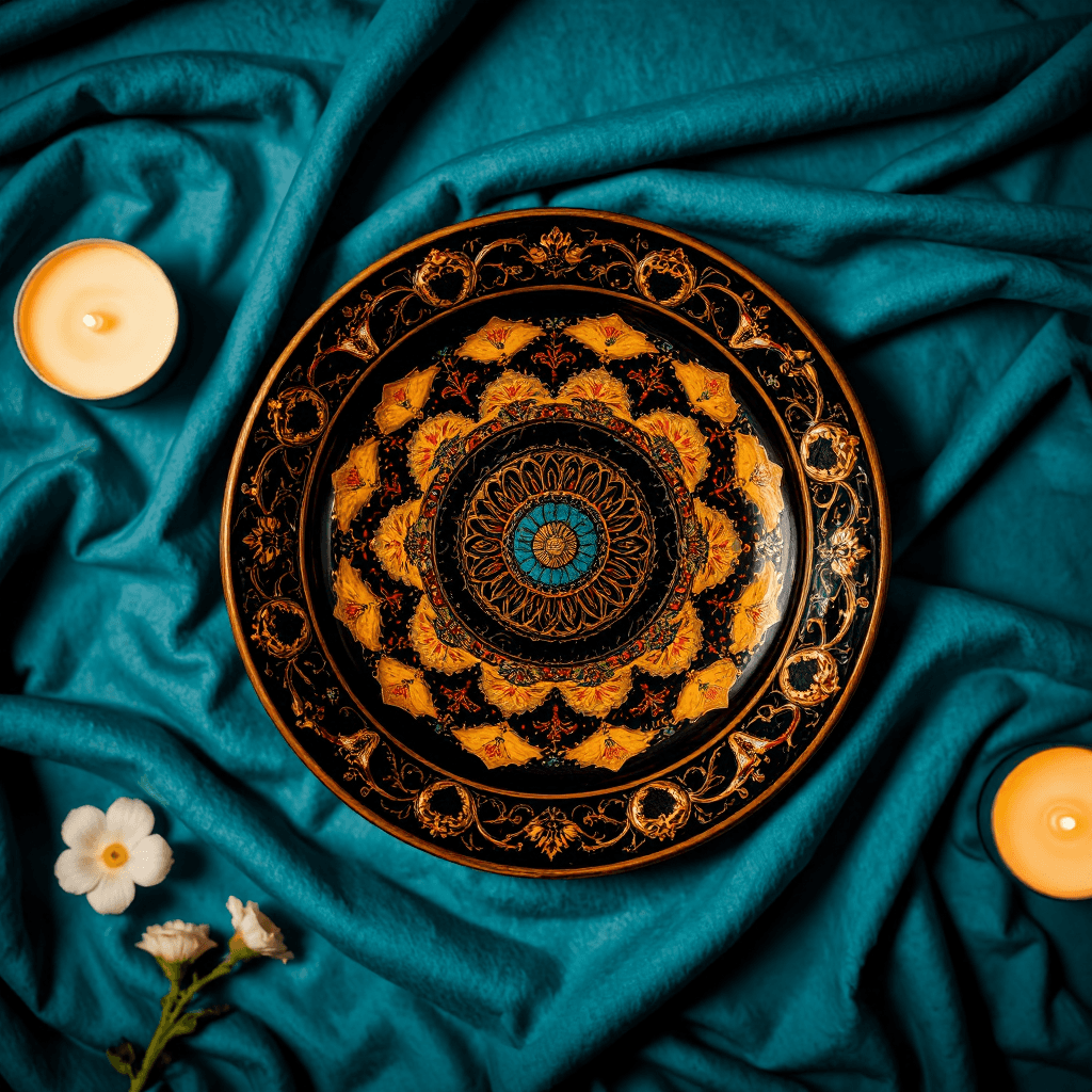 product photography of decorative plate with intricate design and embellishments