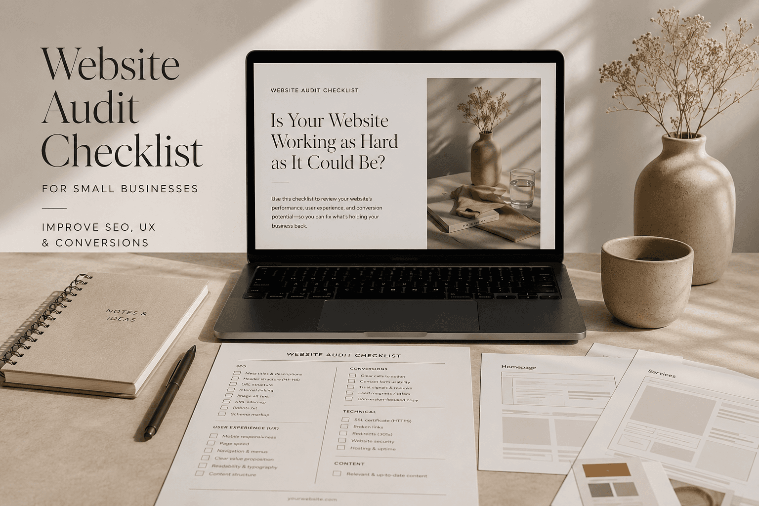Website audit checklist for small businesses displayed on a laptop with printed review documents and a modern workspace