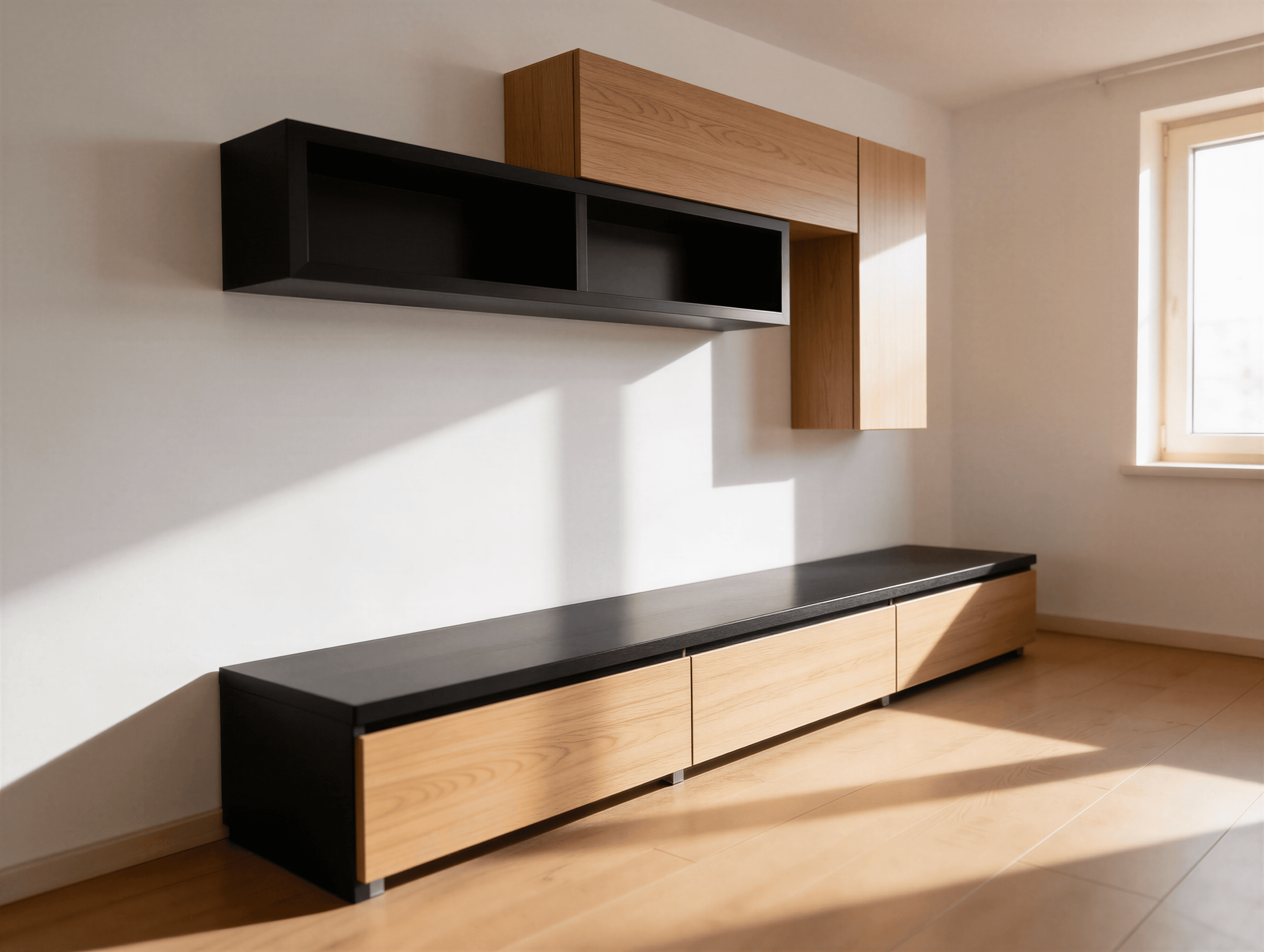 Mobilier living bicolor, module negre și lemn deschis, corpuri suspendate și bancă TV joasă.