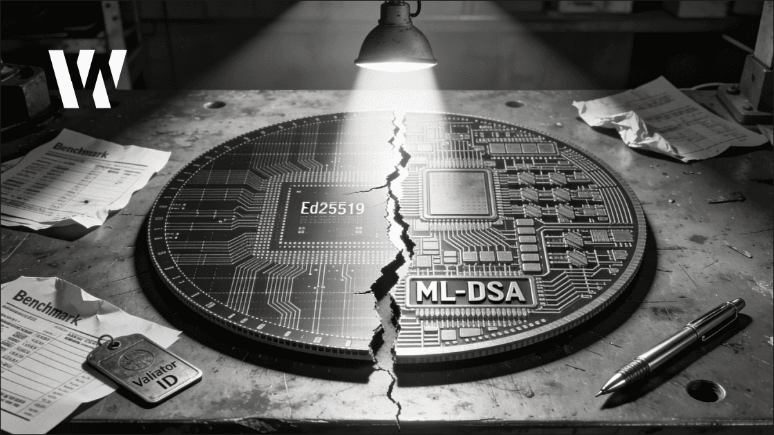 A fractured silicon wafer on a steel bench, split between two circuit patterns under a harsh overhead light.
