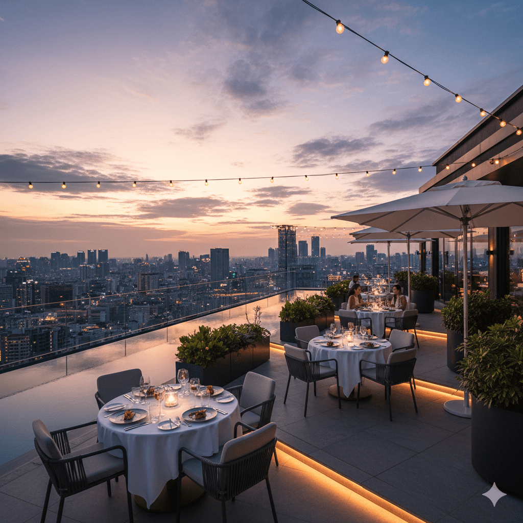 Sophisticated rooftop terrace restaurant with white umbrellas overlooking the urban skyline of Gurugram