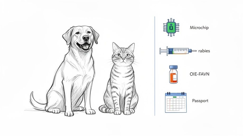 Illustrations of a dog and cat, alongside icons for microchip, rabies vaccine, OIE-FAVN, and pet passport.