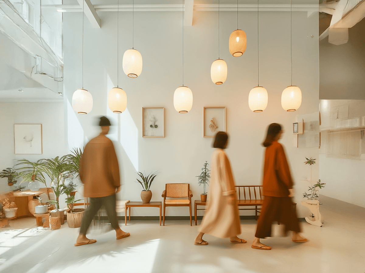 Minimalist hotel lobby with people in motion blur walking past seating area, white paper lantern pendant lights, and desert-toned color palette
