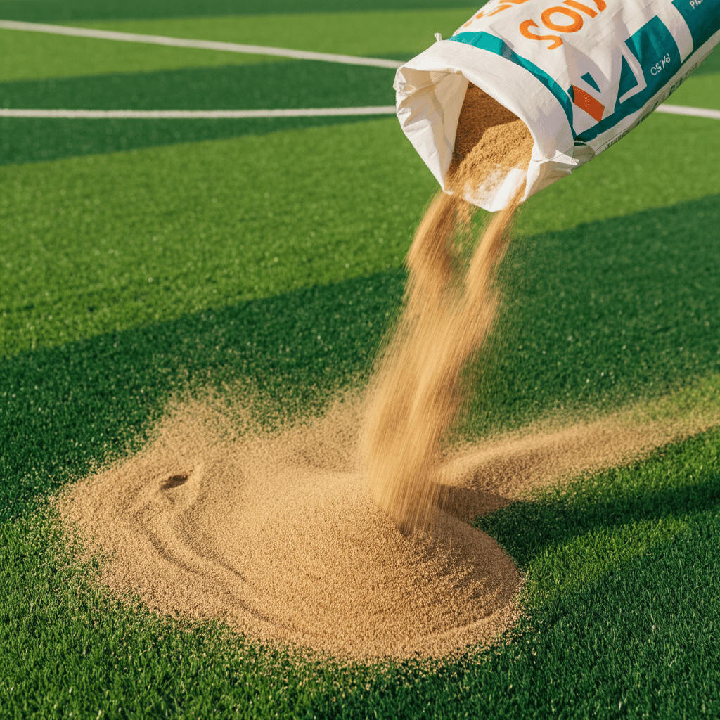 Professional photograph of a bag of sand being poured onto an artificial grass sports field. The photo should capture the grains of sand falling onto the grass below.