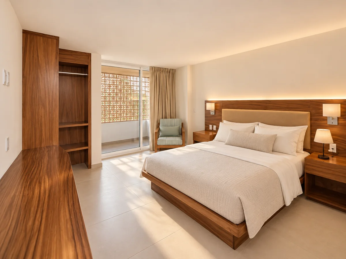 Recámara con cabecera, base de cama y mobiliario de madera; fotografía retocada con ambientación de ropa de cama.