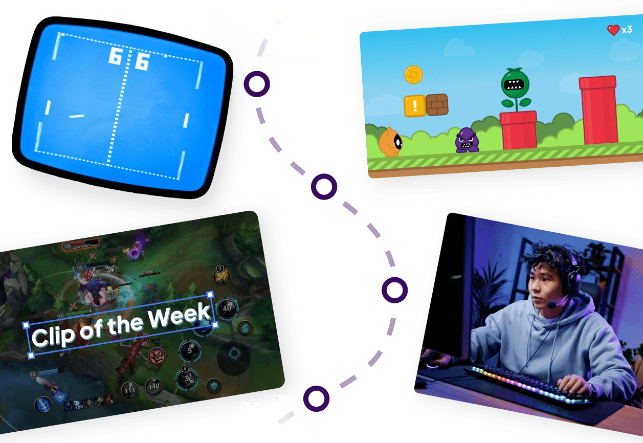 A visual collage illustrating the ecosystem of gaming and game creation.