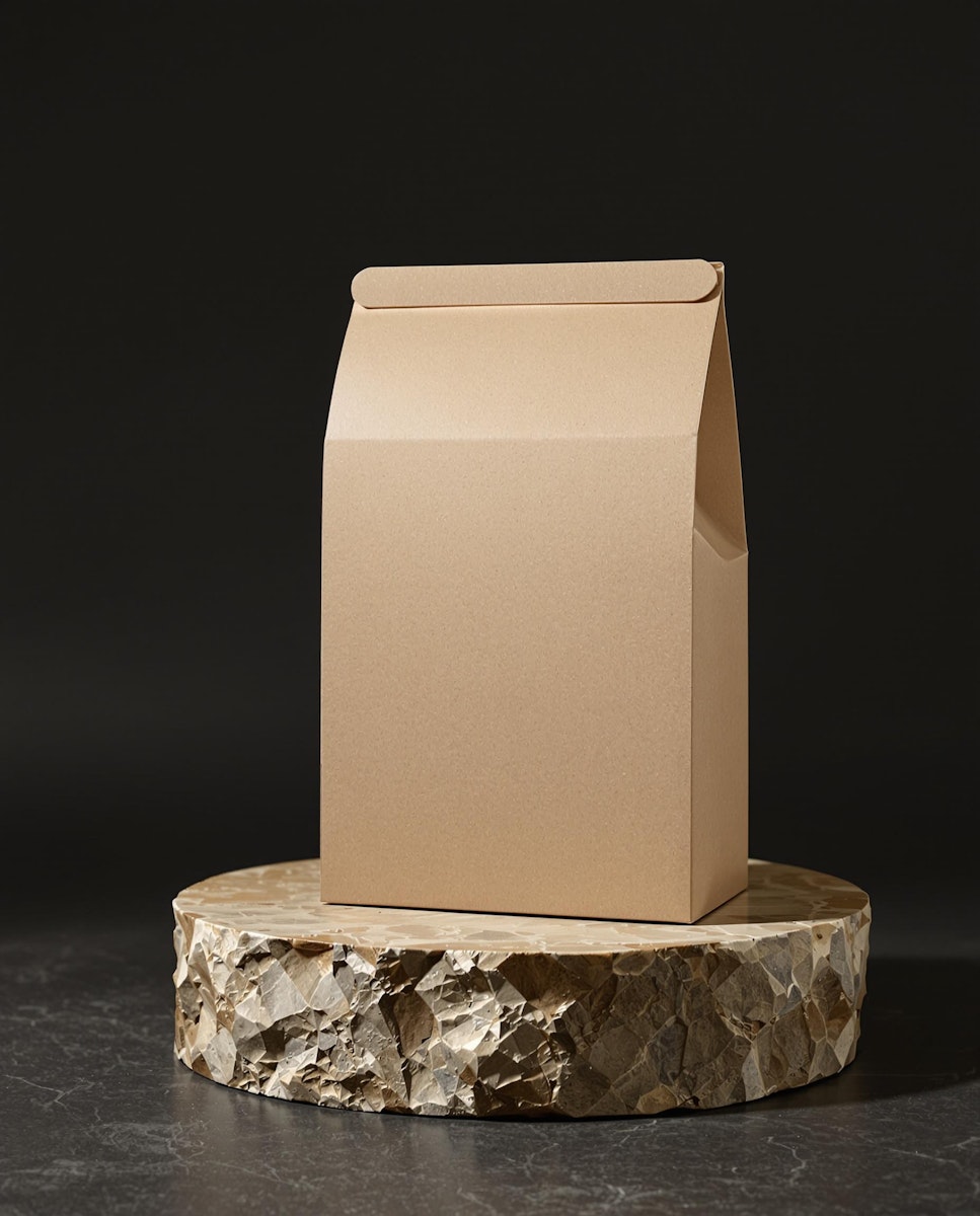 A plain, beige take-out box displayed on a decorative pedestal against a dark background.