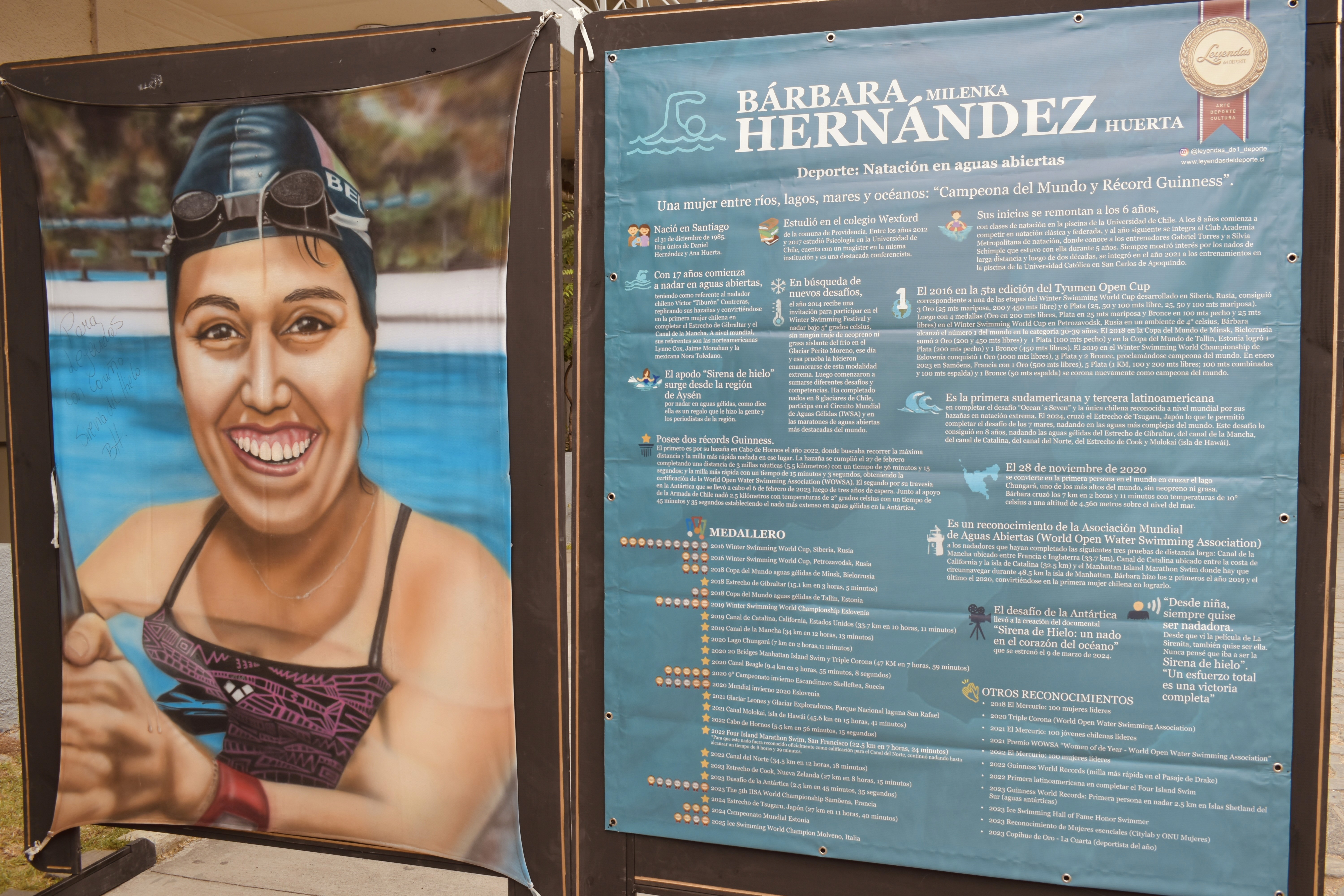 Pintura de Bárbara Riveros, triatleta chilena de élite, exhibida en la exposición Leyendas del Deporte