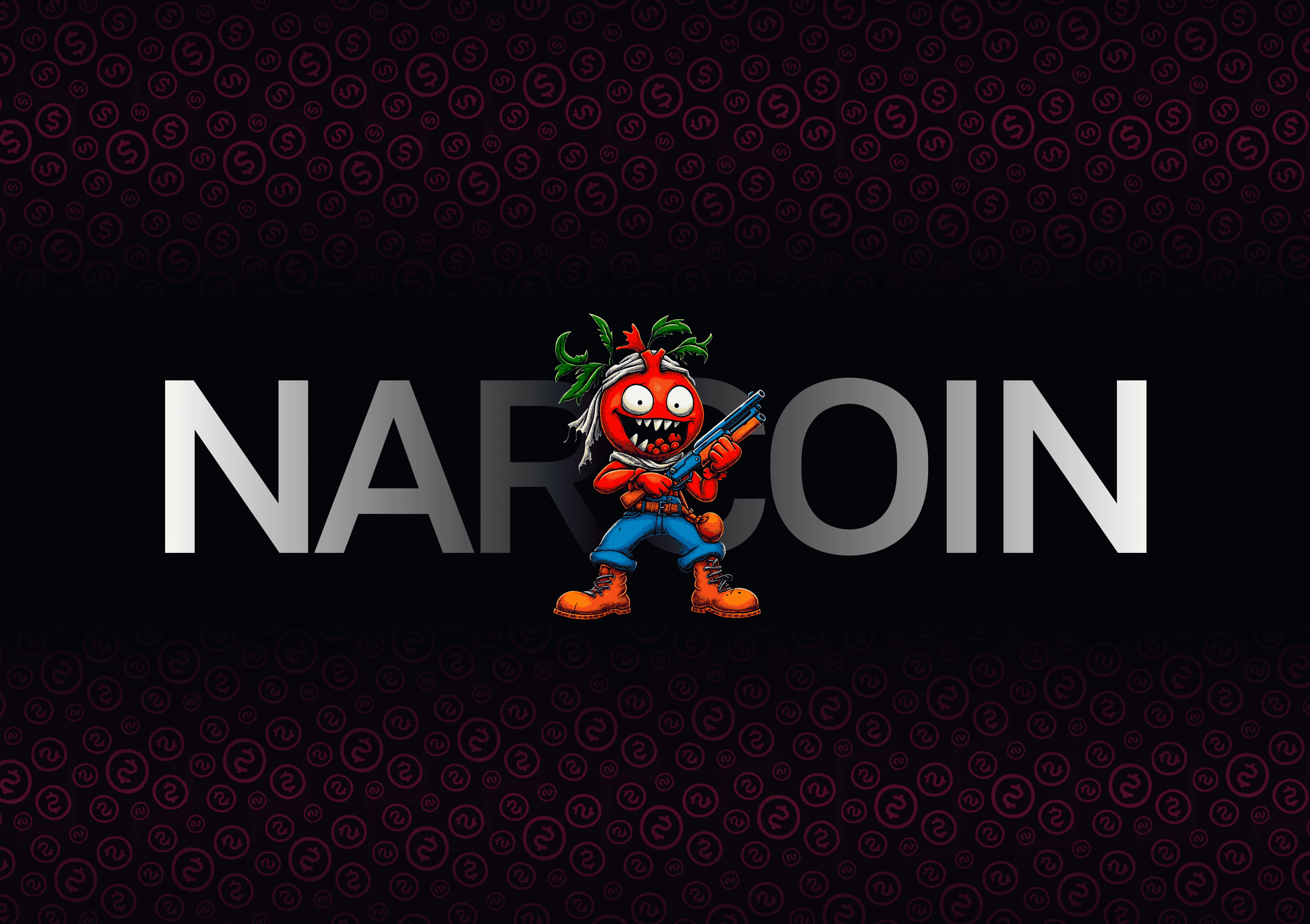 NarCoin mobile app hero screen featuring the main character and logotype on a dark background.