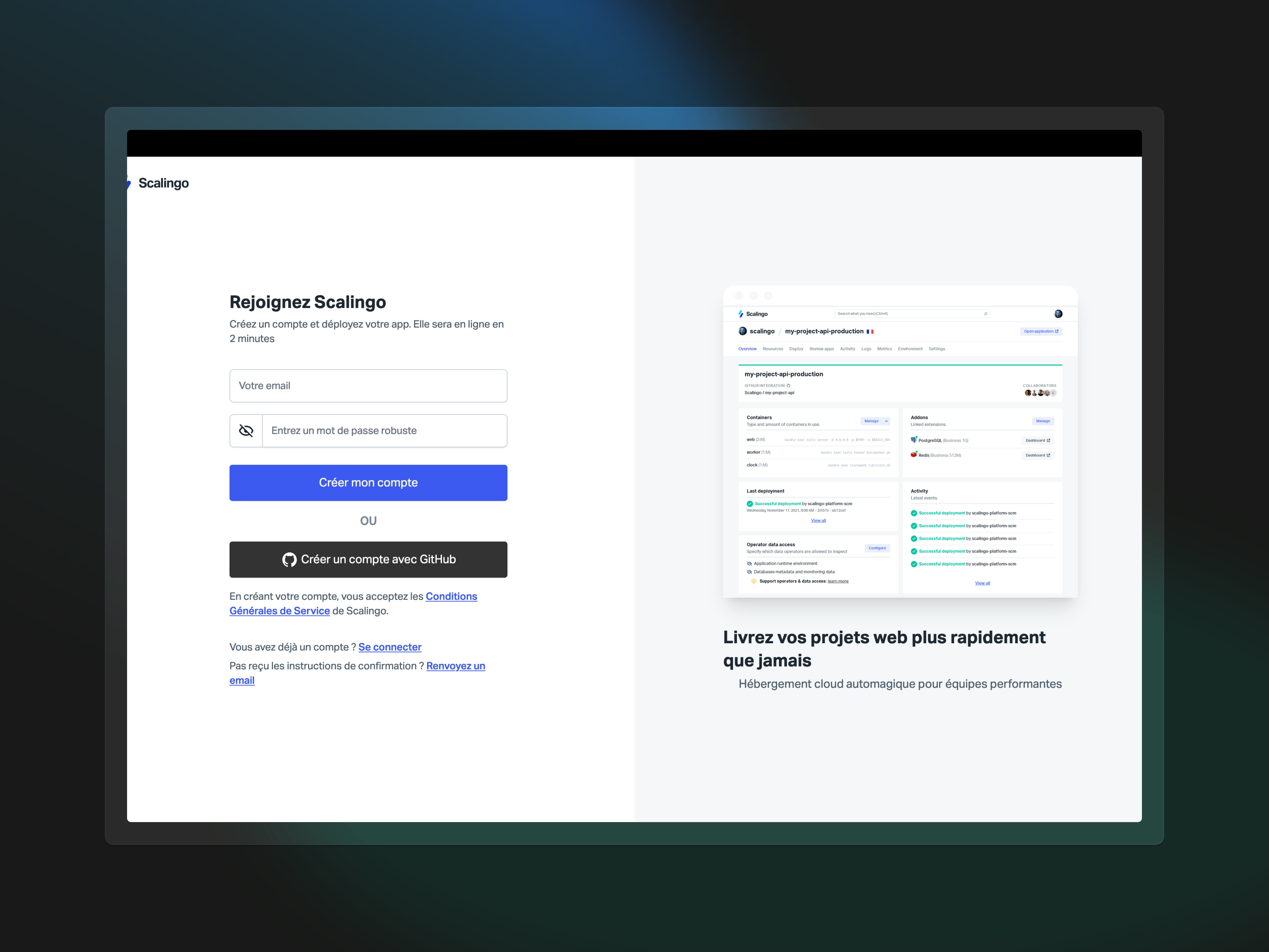 La page d'inscription de Scalingo