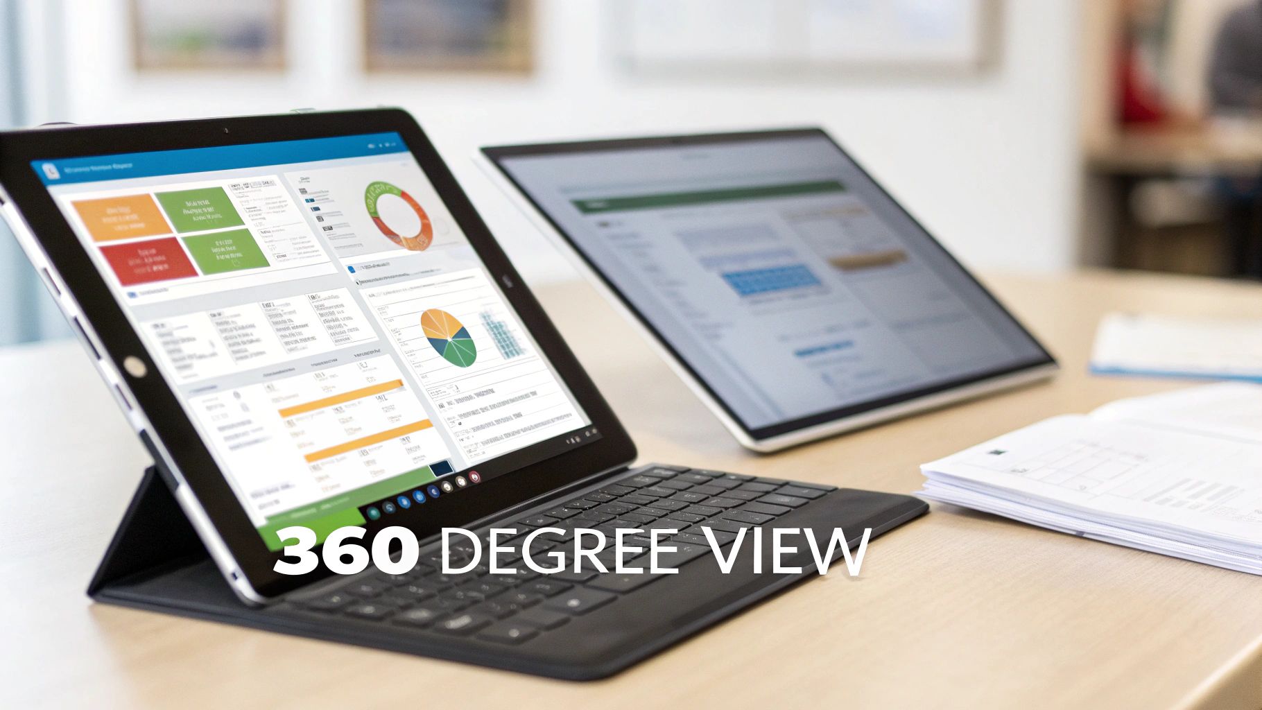 Two tablets on a wooden desk, the foreground one showing a complex dashboard with charts and data.