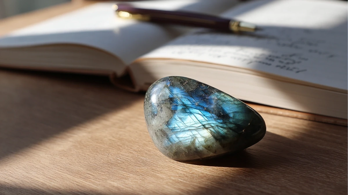 Labradorite palm stone on desk beside open journal