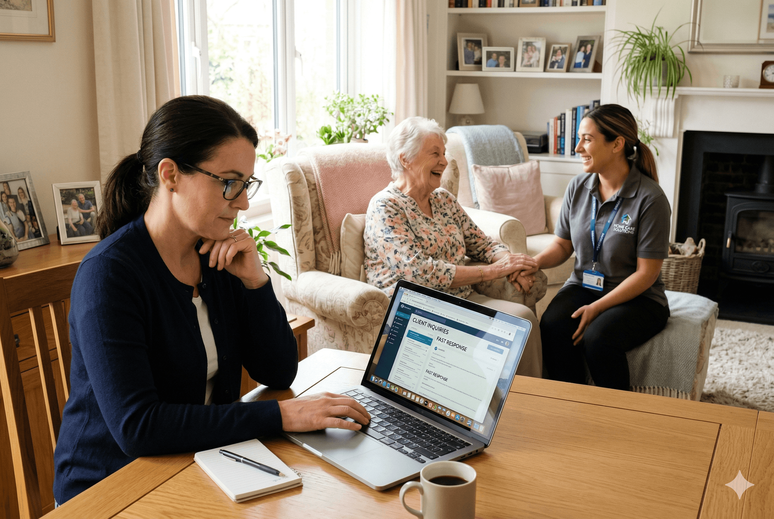 Owner of a small home care agency reviewing client inquiries on a laptop while a caregiver talks with an older adult in a bright living room, conveying fast, professional follow up and a warm, trustworthy home environment. Shot on Fujifilm X-T4, aspect ratio 3:2