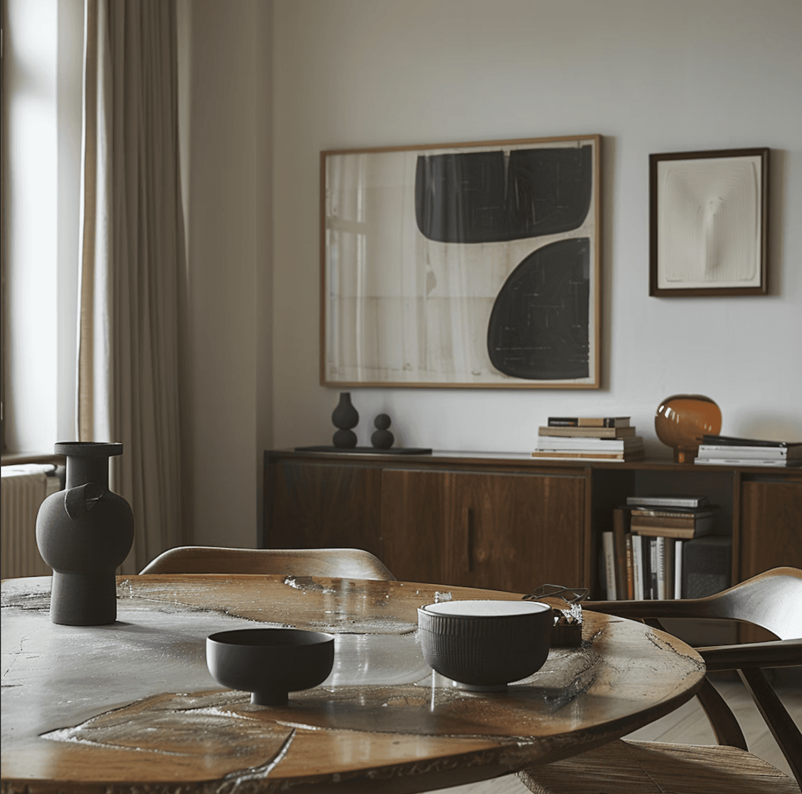 Warm contemporary interior with wood furniture and neutral decor