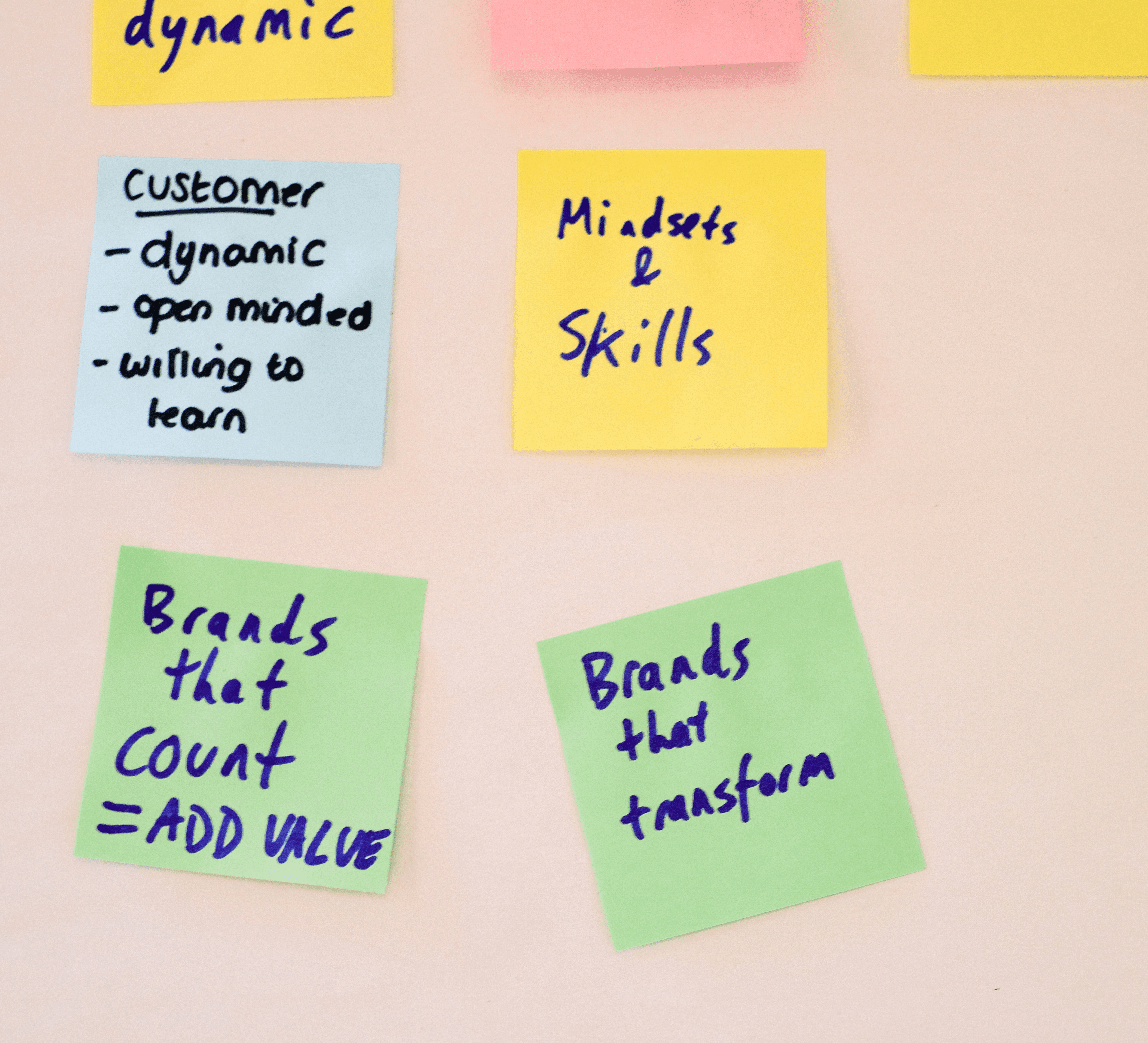 A board from a discussion around how a brand should act. Post it notes include "pain points to address", "kindness economy", "open minded and dynamic", "educate or existing", "Brand Insight", "Customer - dynamic, open minded, willing to learn" and "how?"