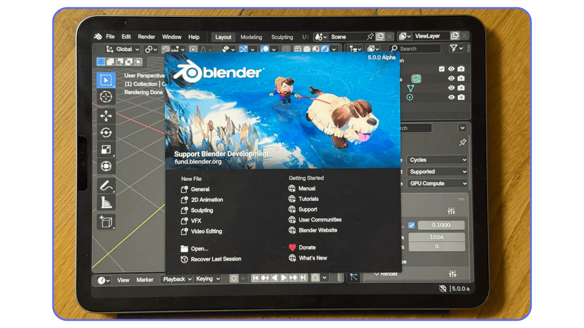 Blender startup screen displayed on an iPad interface