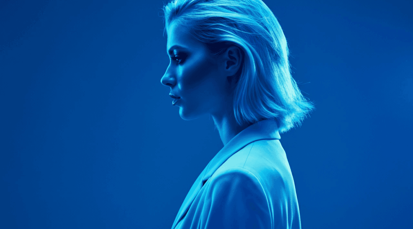 A side profile of a person with short, sleek hair illuminated in vibrant blue lighting, against a gradient blue background, creating a futuristic and dramatic effect.