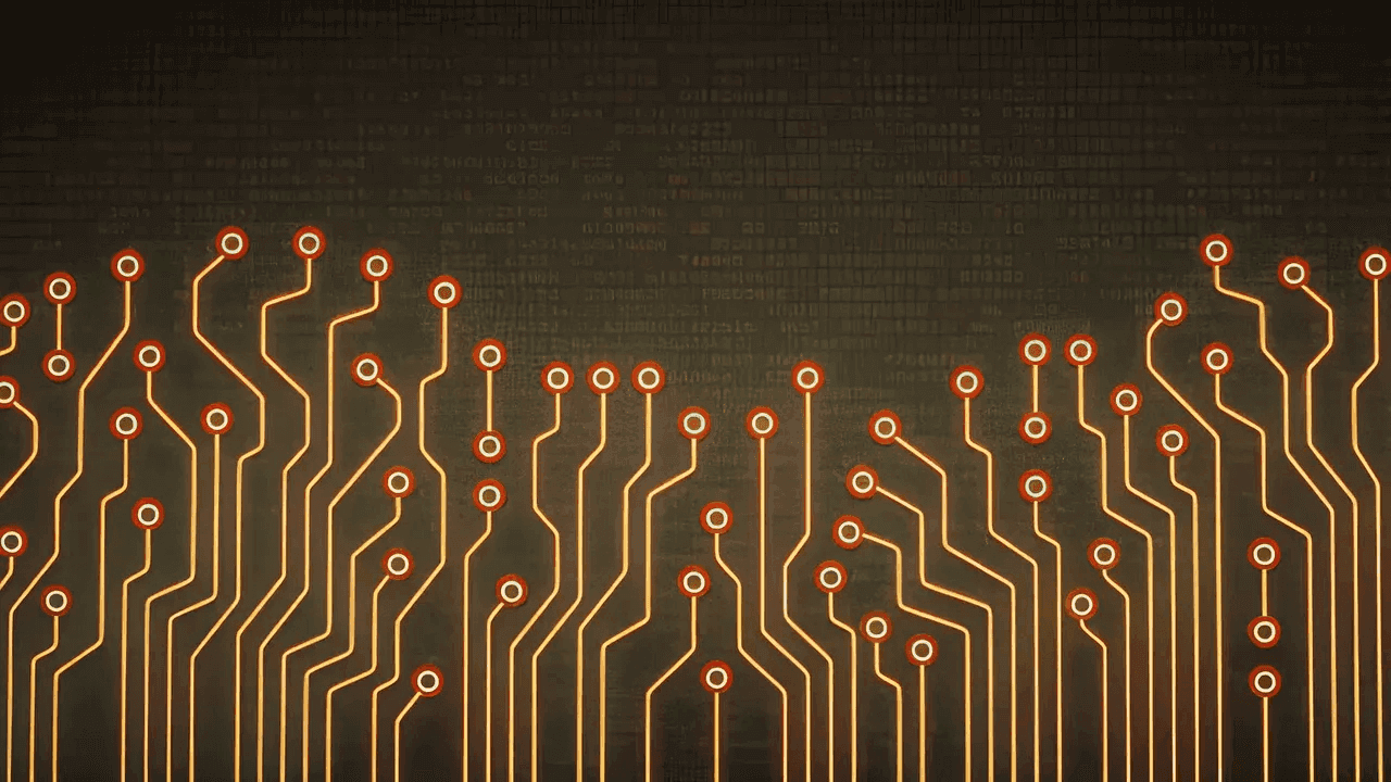 Abstract circuit board with parallel golden pathways and red connection nodes on dark background