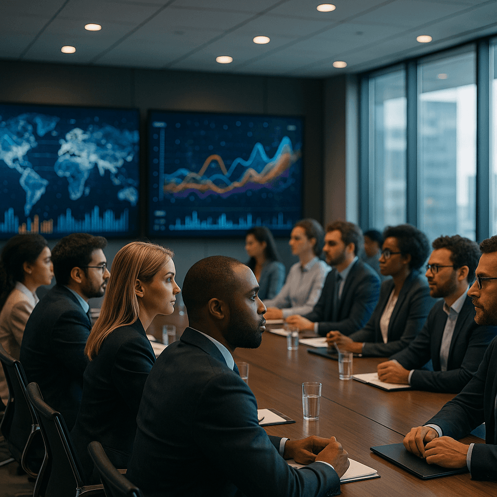 Workforce training session with AI-generated compliance videos and interactive quizzes on screens, professionals engaged.