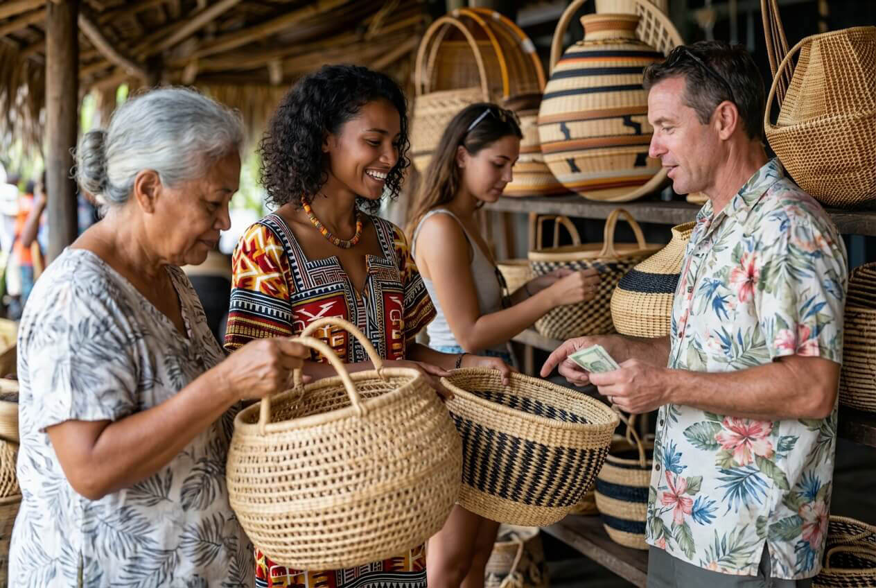 An old woman and her daughter are at a market in Fiji, buying wicker baskets bartering trade