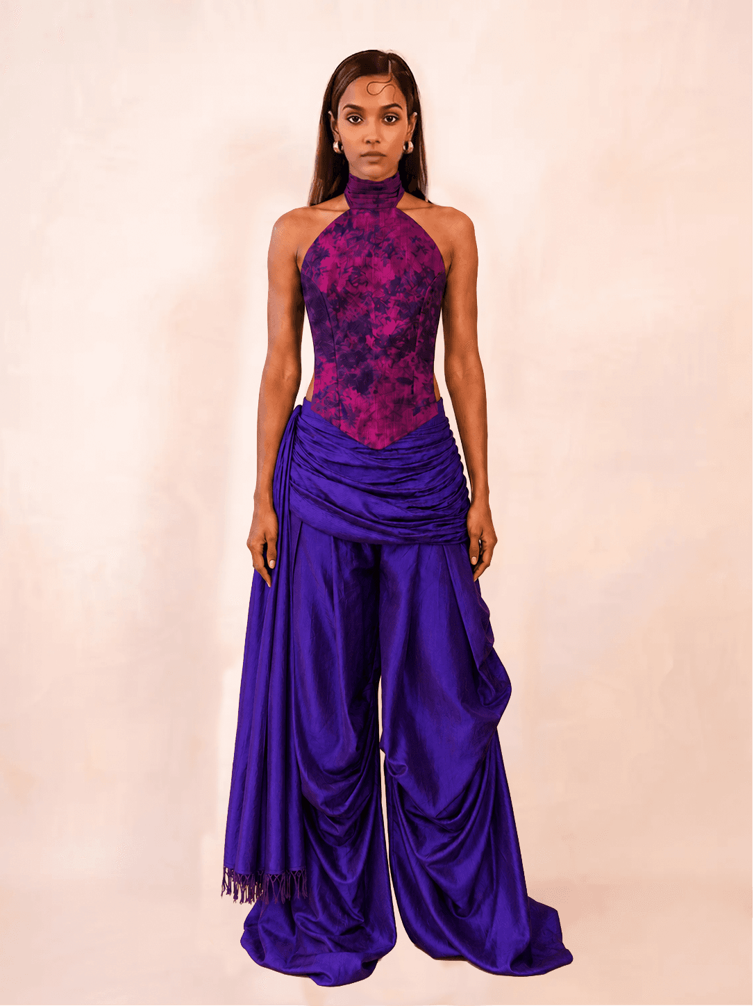 ANTARIYA XVII is a one of a kind drape pant, handcrafted in house from repurposed pure silk and saree borders