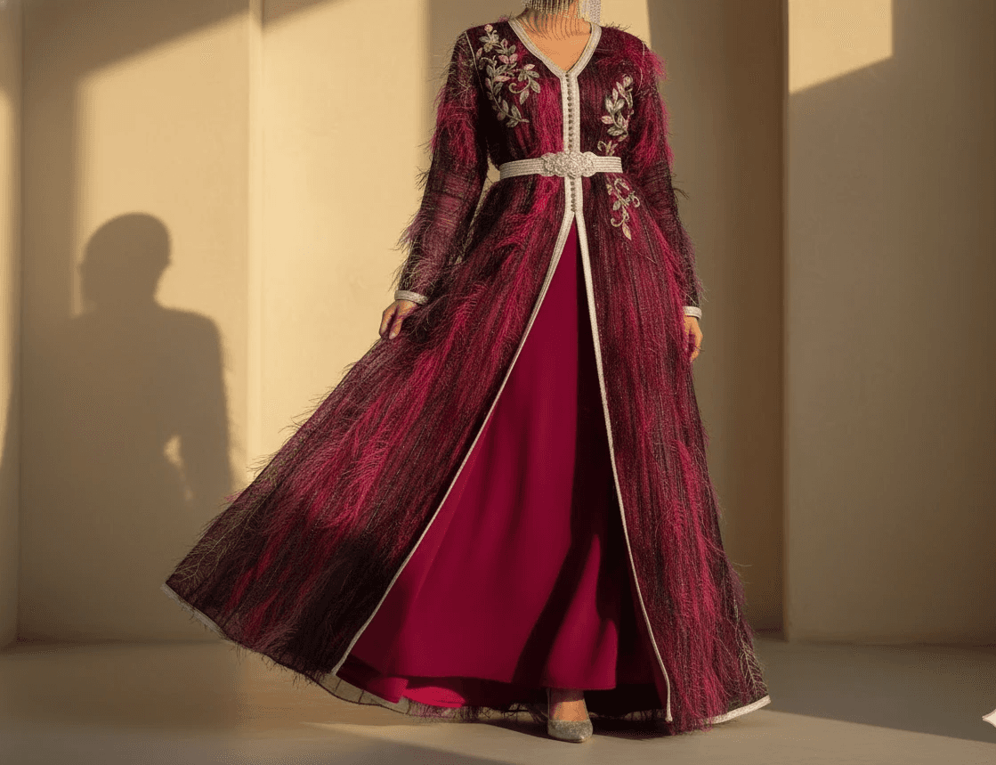Deep burgundy Moroccan caftan with feather texture and embroidery, luxury handmade caftan Bahrain