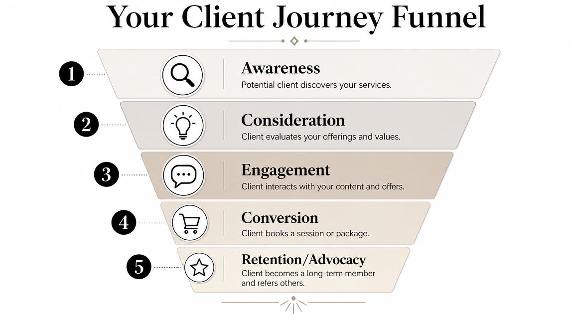A five-step client journey funnel diagram showing the stages of business growth for service providers.