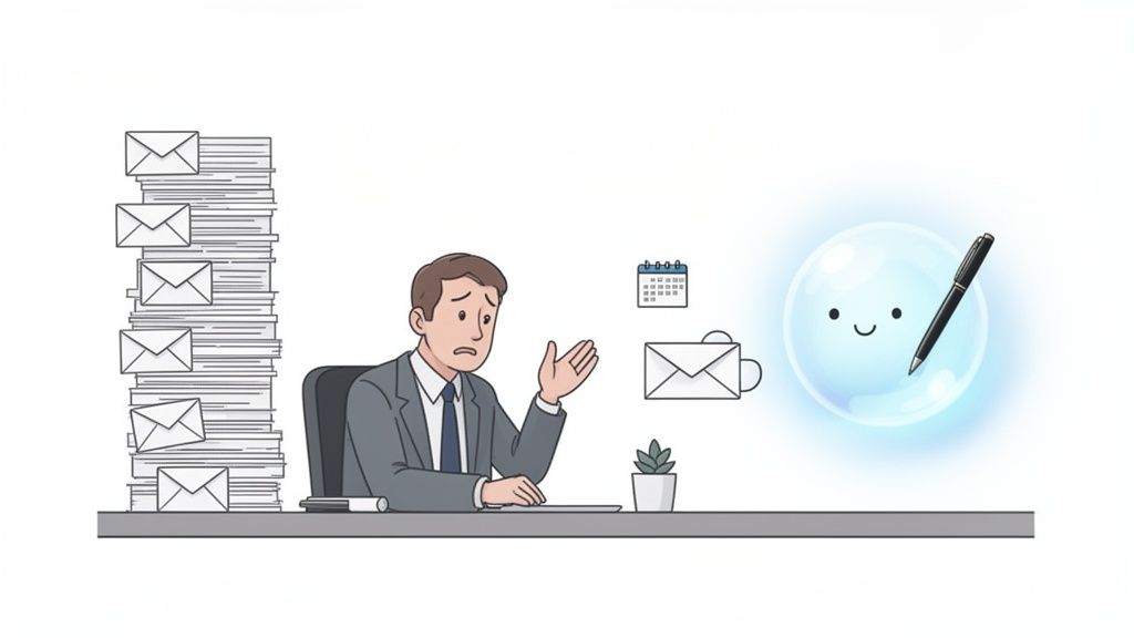 Stressed businessman overwhelmed by paperwork, while a happy AI bubble with a pen offers help.