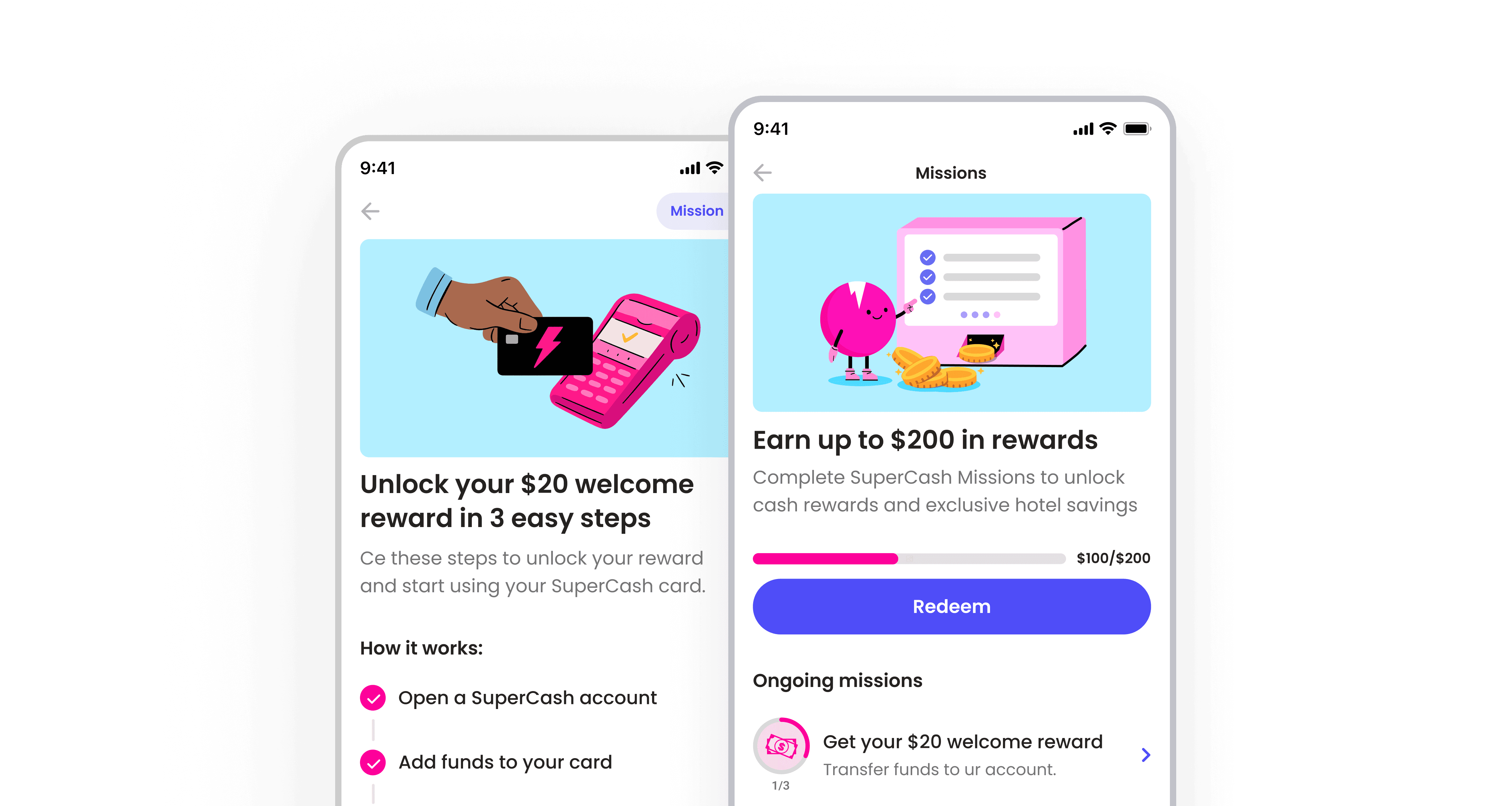 Product design mockup of Super.com’s new Missions system showing task-based rewards, progress tracking, and referral milestones, highlighting Yanick’s redesign that made rewards clear and motivating