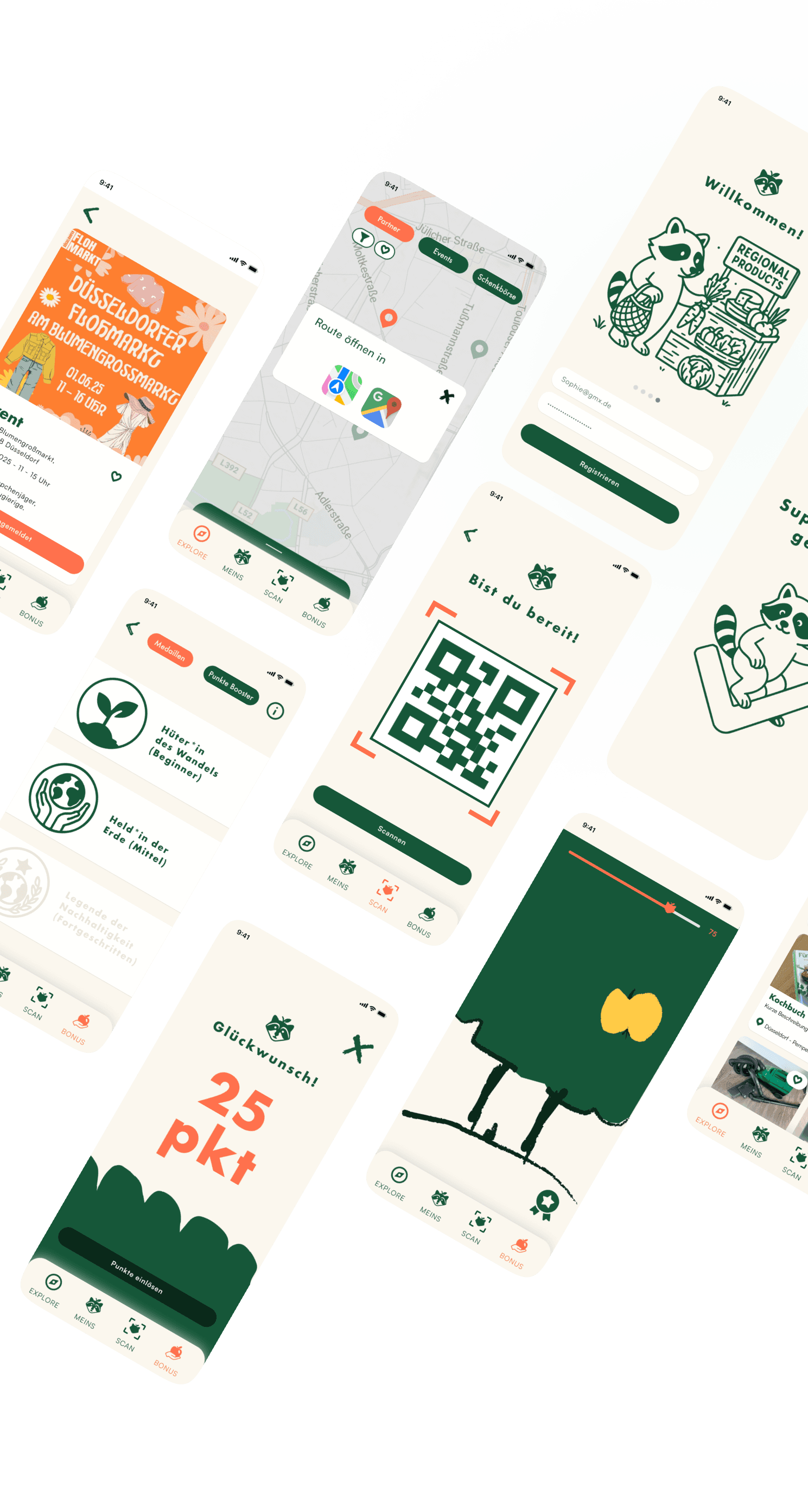 Verschiedene Mobile-Screens der App Tanukin auf einer Fläche
