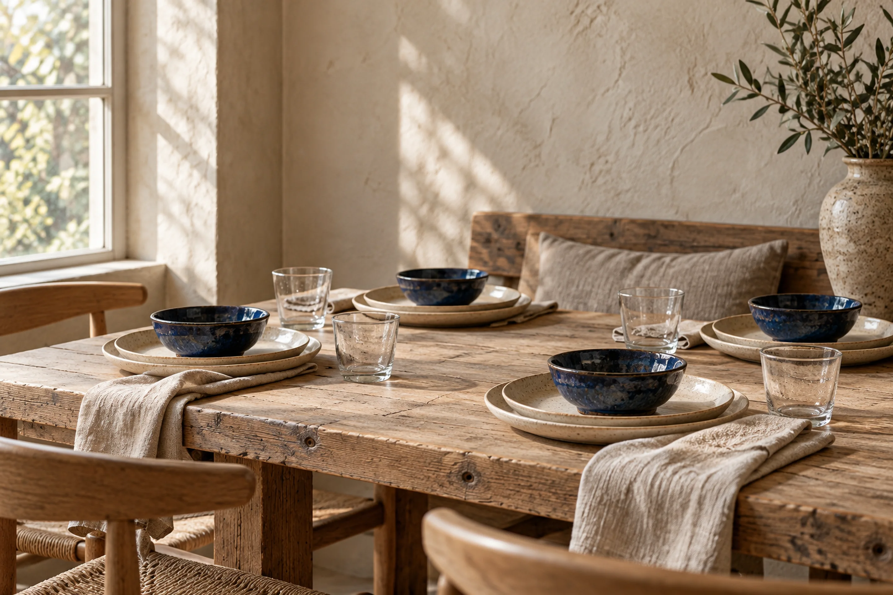 A restaurant table set with cream stoneware plates and cobalt bowls