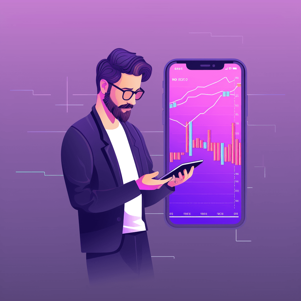 A man focused on the phone he is holding, analyzing financial graphs.