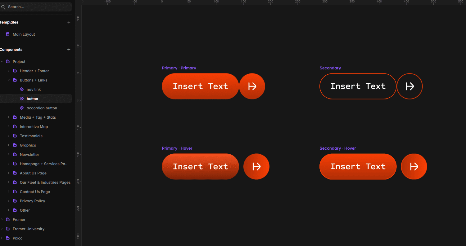 Framer component canvas showing primary and secondary LogiNord button variants in default and hover states.
