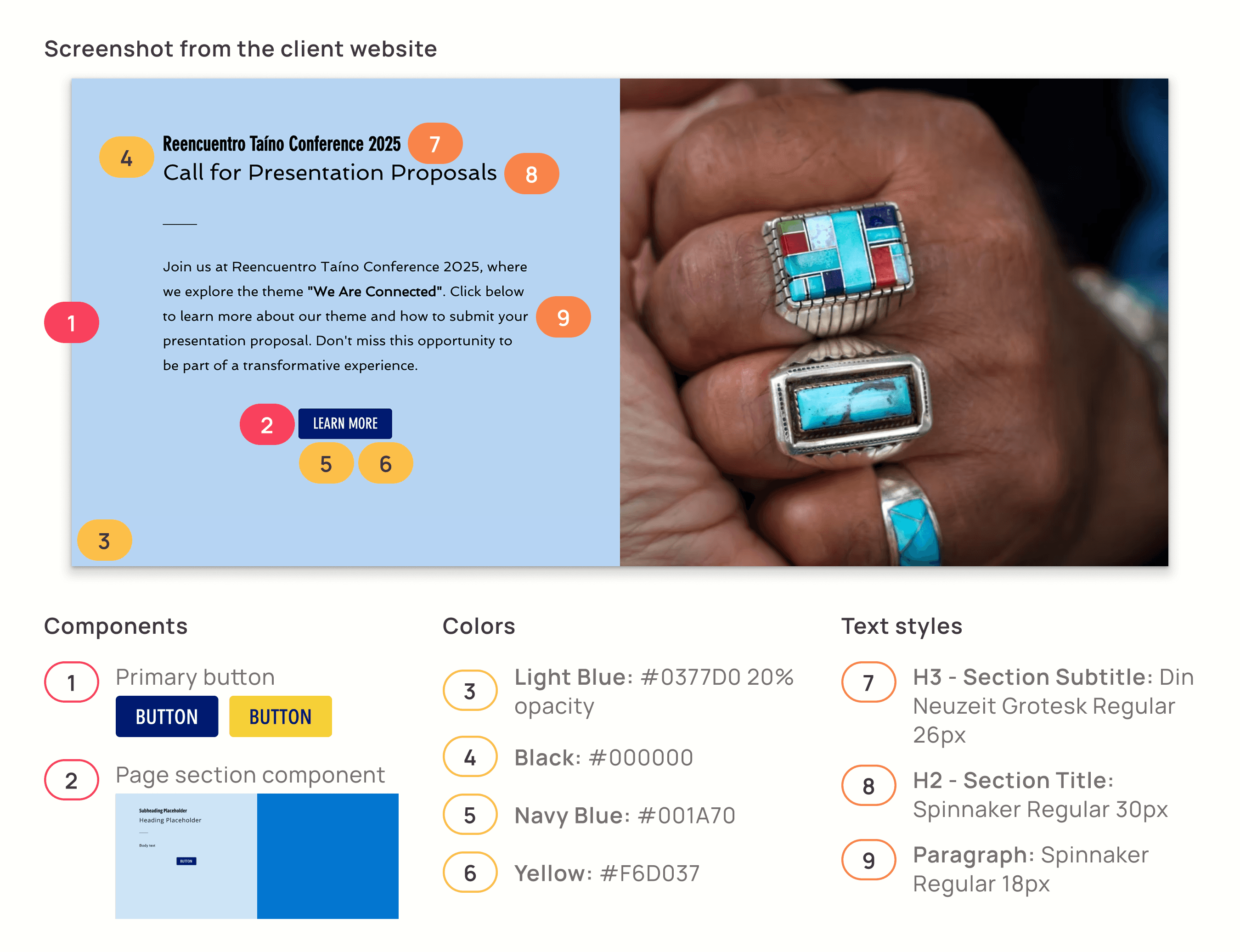 Annotated screenshot of a client page section highlighting the UI components, color palette, and text styles incorporated into the design system.