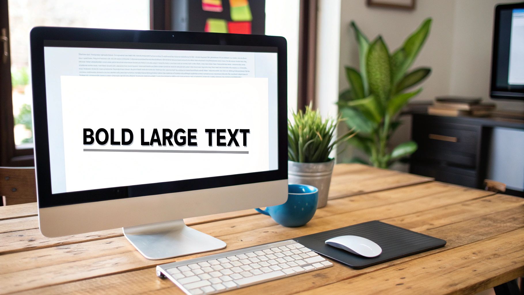 A modern workspace with a computer displaying 'BOLD LARGE TEXT' on its screen.