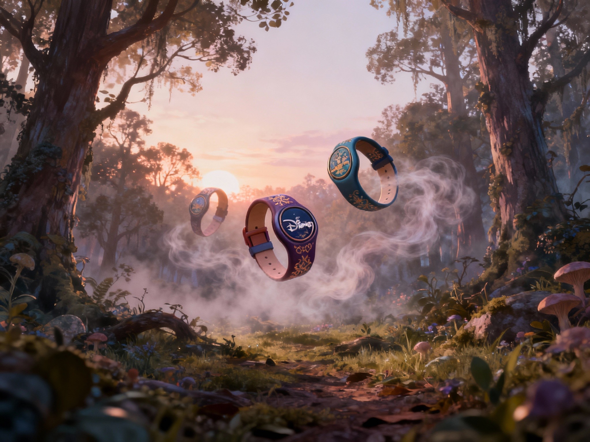 A fine-art illustration portraying an imaginative, surreal interpretation of Disney Magic Bands