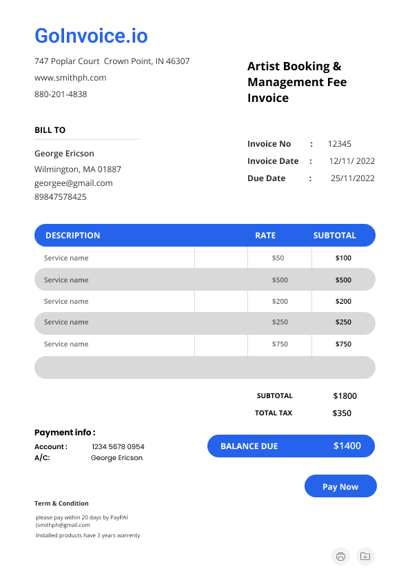 Artist Booking & Management Fee Invoice