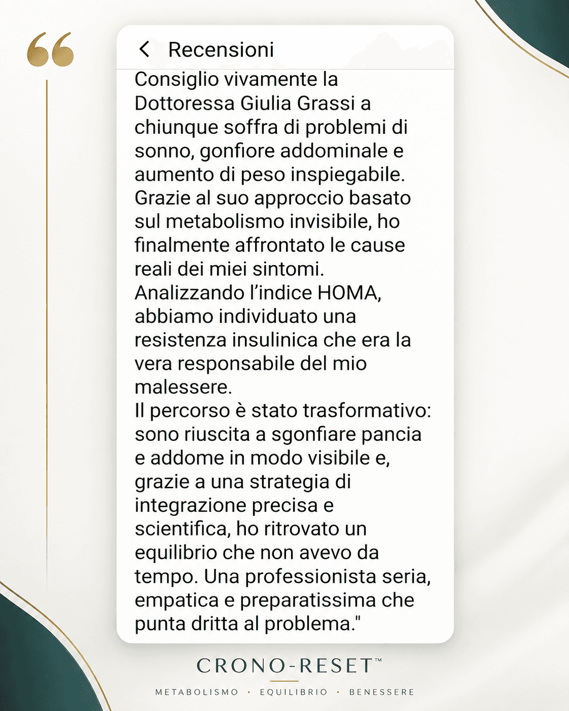 Screenshot di testimonianza originale sul percorso CRONO-RESET™