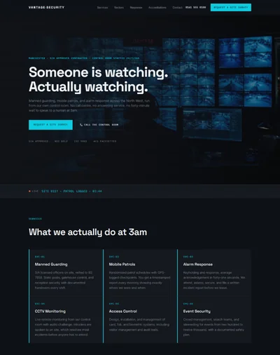 Security firm website template preview with monitoring ticker and response times