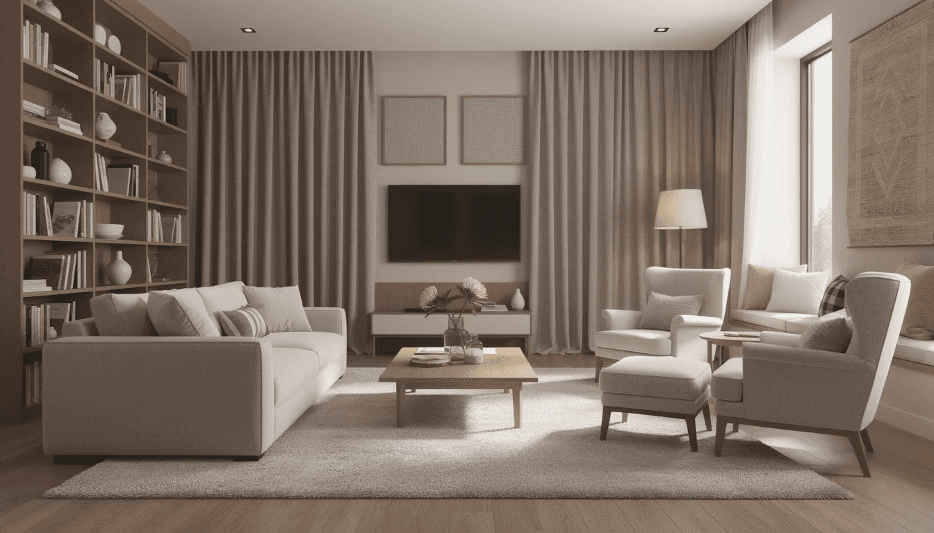 Wnętrze nowoczesnego salonu z strategicznie rozmieszczonymi meblami i tekstyliami, które poprawiają akustykę pomieszczenia. Na ścianach widoczne są panele akustyczne oraz grube zasłony, które pochłaniają dźwięk, co pozytywnie wpływa na komfort akustyczny.