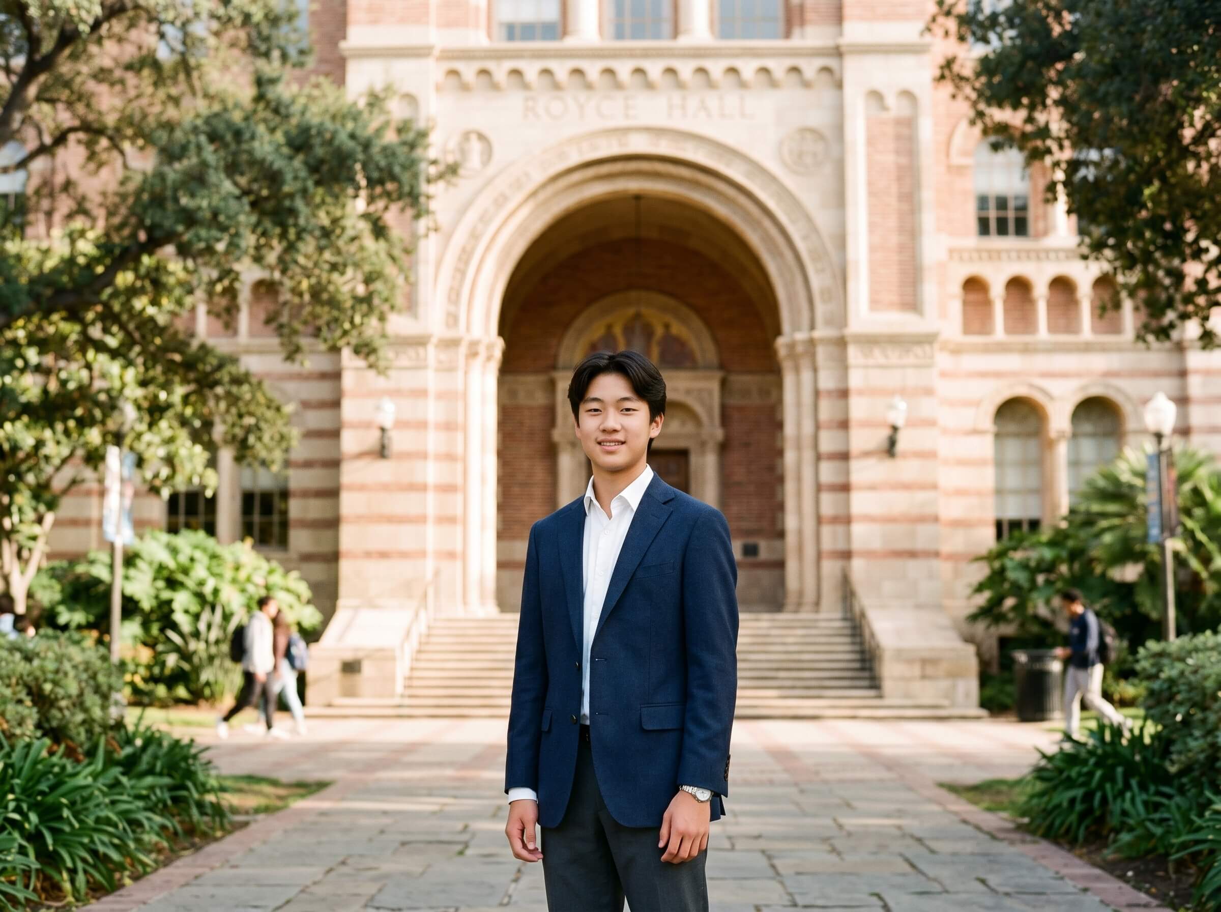 A person in a blue suit stands confidently on a stone pathway, with the historic Royce Hall's ornate archway and lush greenery in the background on a sunny day.