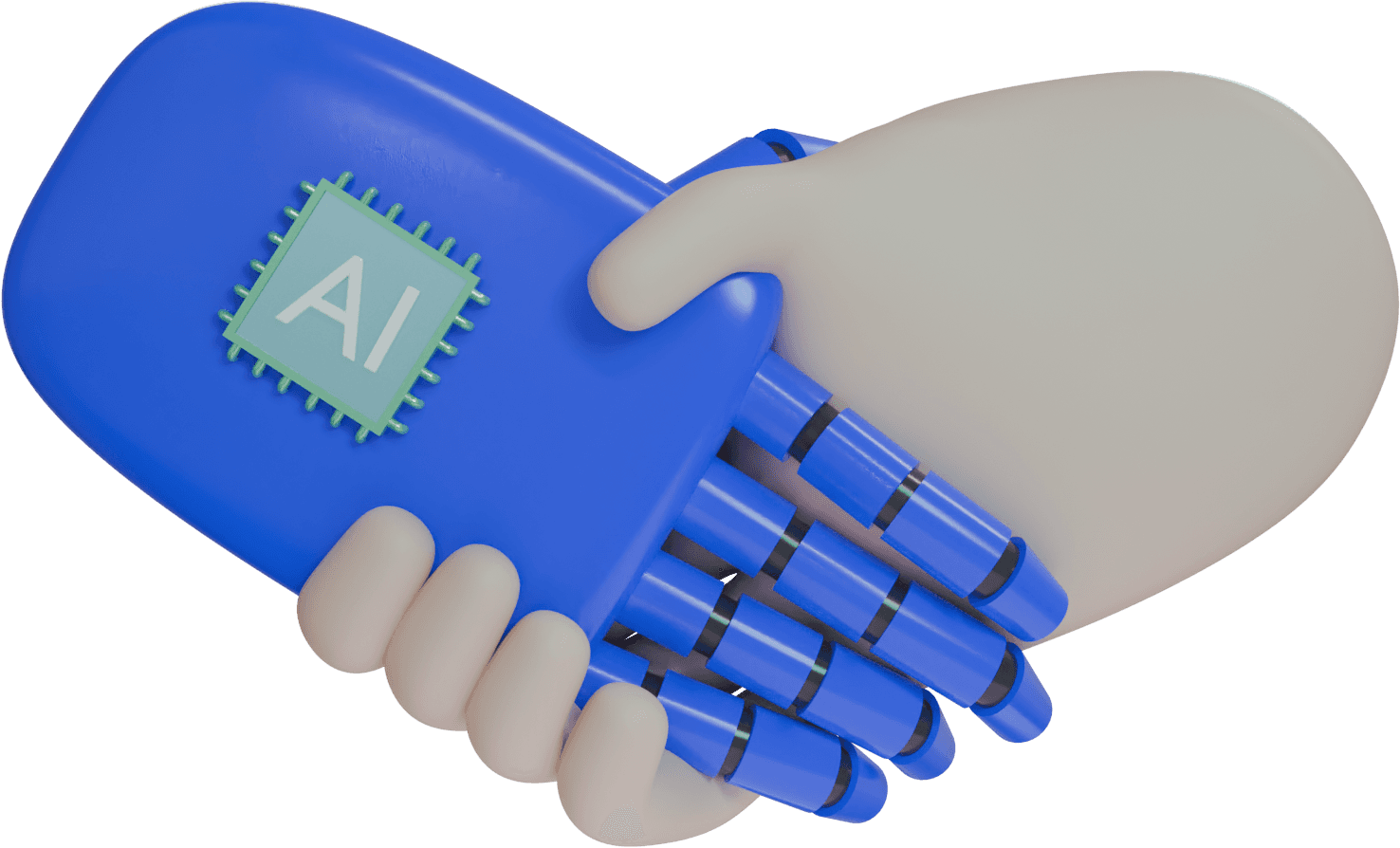 Isometric blue robotic and human hand meeting in a handshake