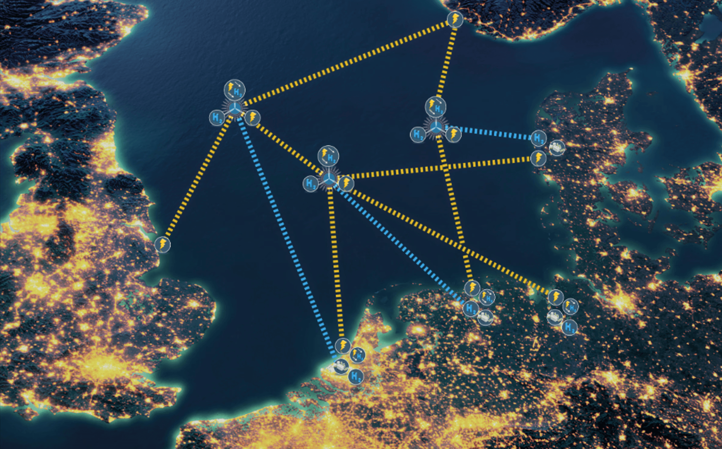 A digital map showing connections across a body of water, with lines linking various points.
