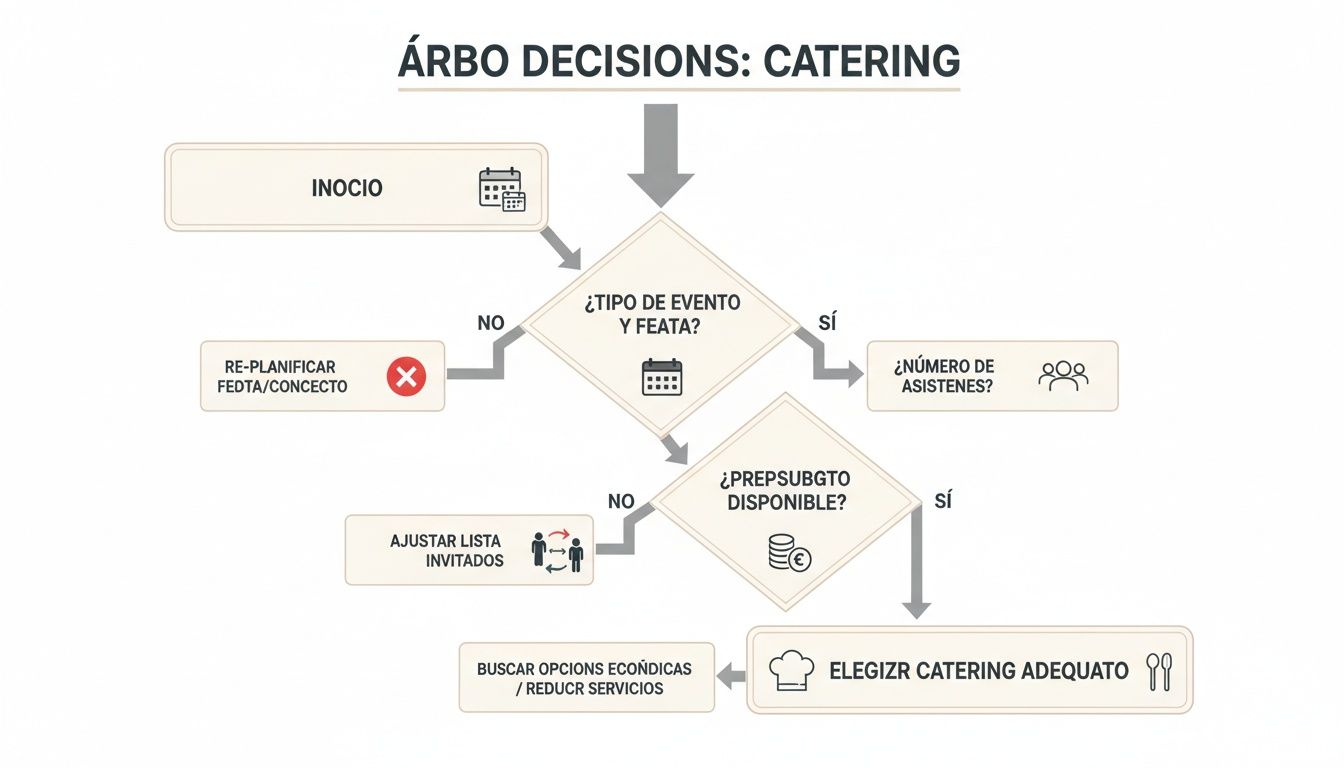 Diagrama de flujo para la toma de decisiones sobre catering, evaluando tipo de evento, fecha, asistentes y presupuesto.